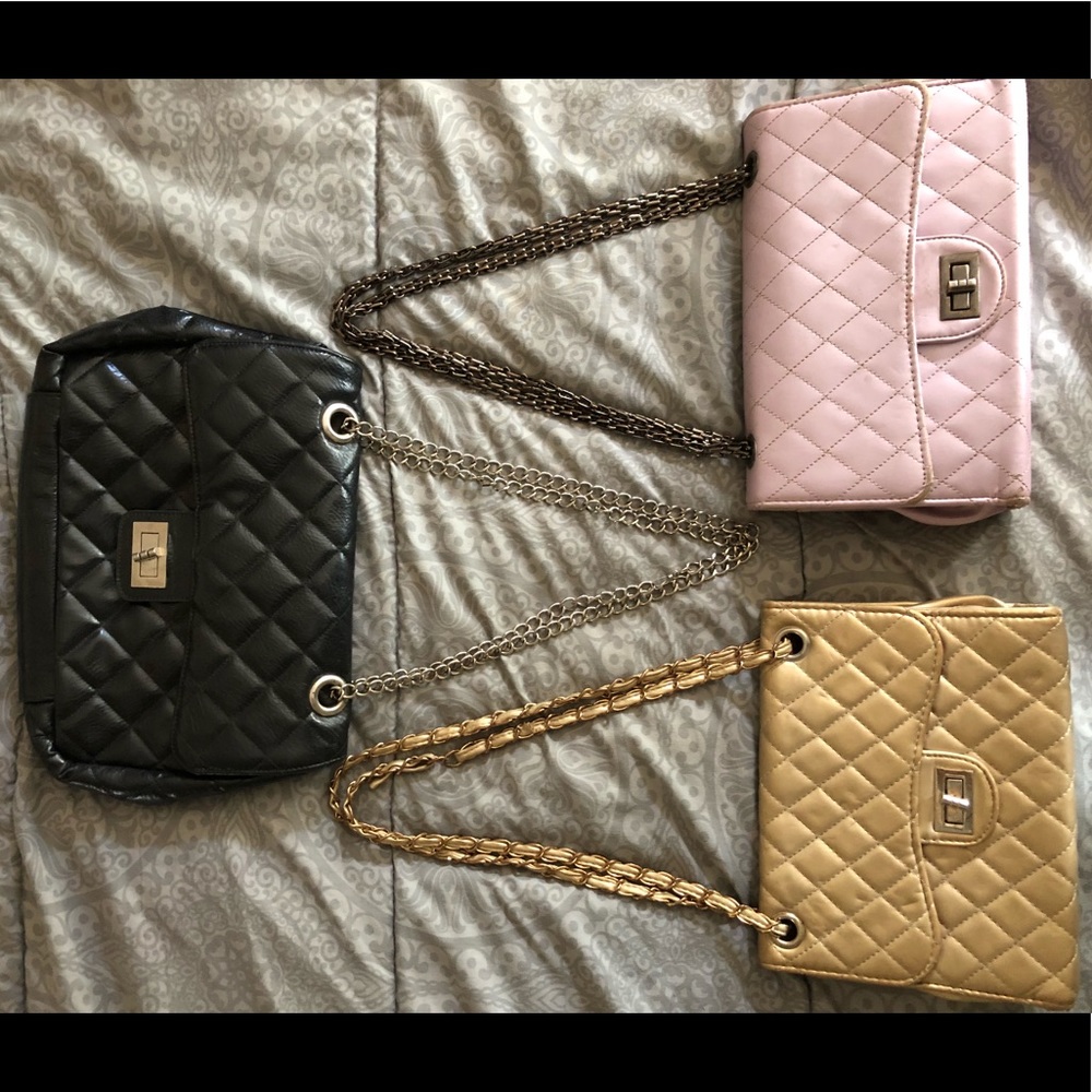 Bundle 3 Gold Black Purple Quilted Chain Crossbody - Picture 2 of 8